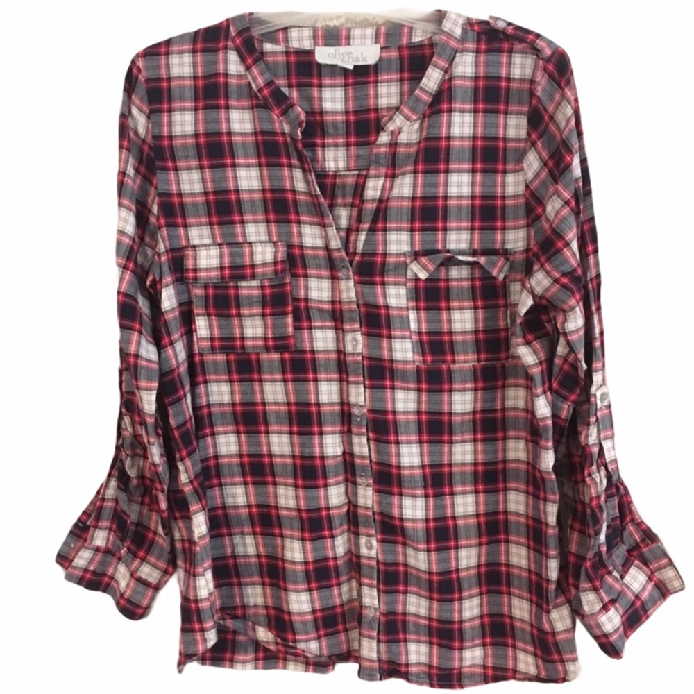 Olive & Oak Women's Red Plaid Flannel Shirt L Hi-Lo Hem Cottagecore Fall